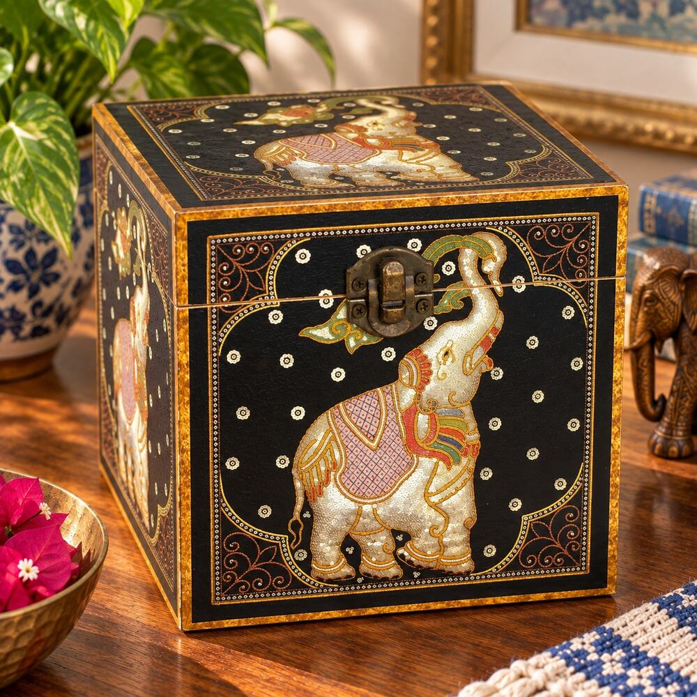 Hand Painted Wood Elephant Trinket Jewelry Box Black Gold Asian Decor